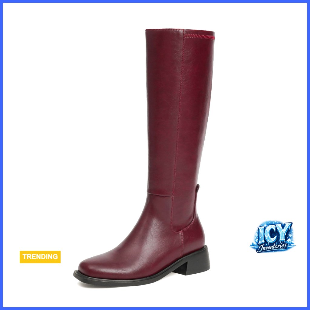 Knee High Boots Faux Leather Elastic Low Heel Square Toe Side Zipper